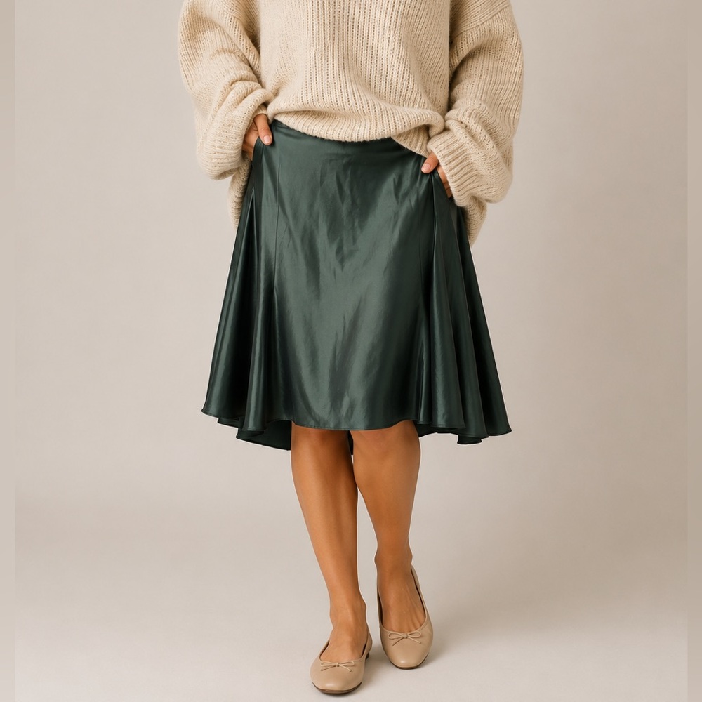 LE CHATEAU Satin Forest Green Midi Skirt